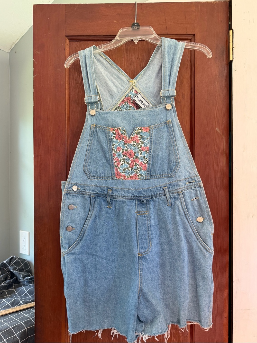 Vintage Floral Patch Light Blue Denim Overalls Shorts 90s